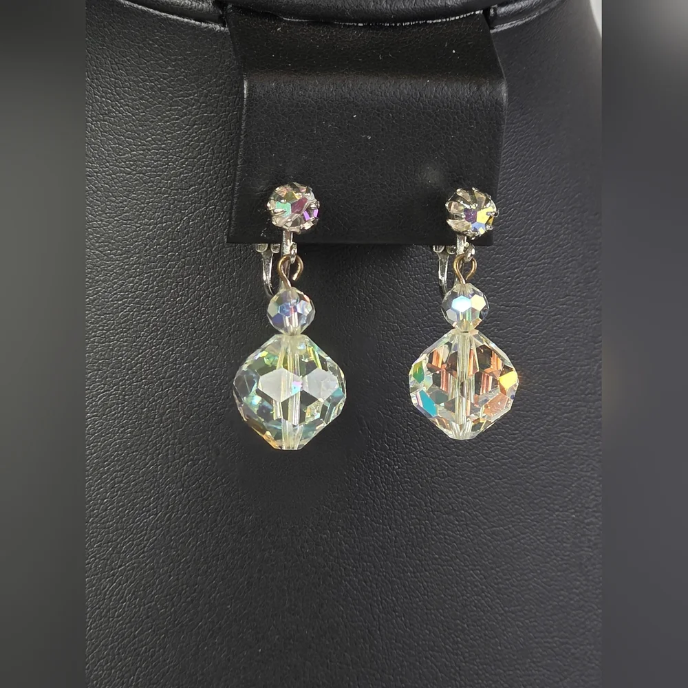 Laguna Vintage Aurora Borealis Pendant Earrings Clip On Signed AB Crystal Dangle